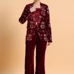 Red Velvet Coat Pant Set with Tiger Embroidery and Plain Satin Crop Top