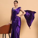 Purple Satin Pre-Draped Saree with Zardosi Blouse